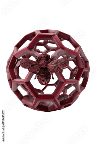 Beehive Design: A detailed and artful, spherical sculpture, featuring an intricate honeycomb structure encasing a singular bee figurine, is presented.