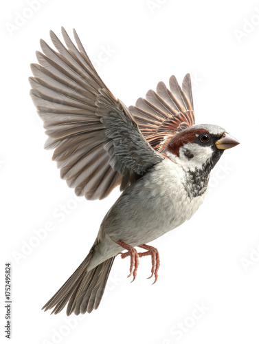 Soaring Sparrow: A small sparrow in mid-flight, its wings spread wide against a backdrop of the boundless sky. An image that captures the pure freedom of the bird.