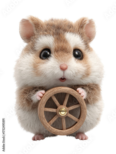 Playful Hamster with Wooden Wheel: A captivating hamster, with adorable eyes, cradles a wooden wheel, exuding charm and playfulness.
