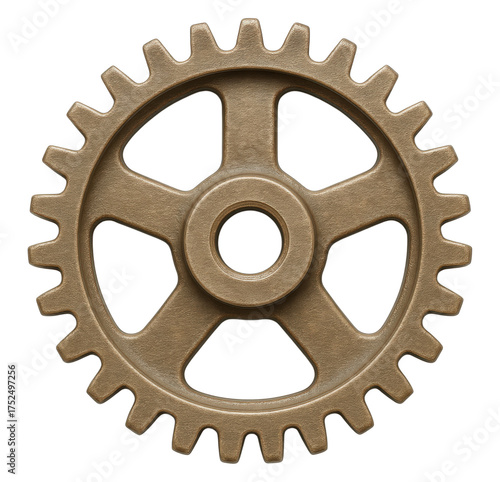 A single vintage bronze or brass metal gear cogwheel, with a textured surface, showcasing steampunk design, Isolated on Transparent and White Background