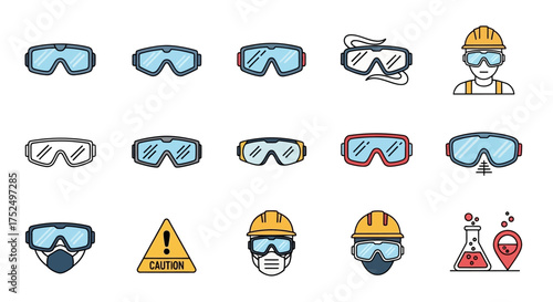 Safety Goggles and Protective Gear Icons Set.