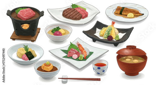 A delightful Japanese meal featuring various delicious traditional dishes like steak, sushi, tempura, and miso soup