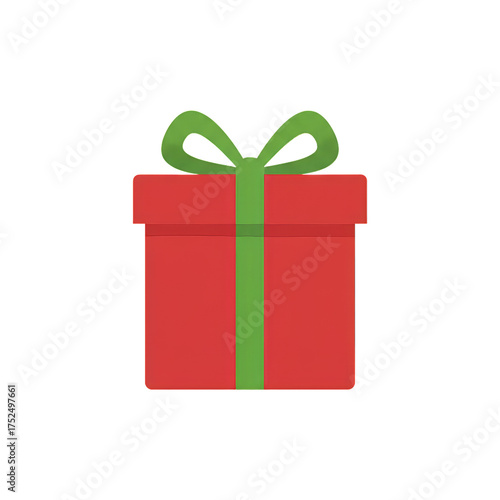 Classic red Christmas gift box with green ribbon and bow, perfect for holiday season, isolated on transparent background.