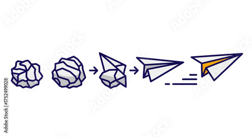 Step-by-step illustration of a crumpled paper ball transforming into a flying paper airplane.