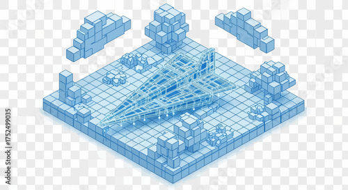 Isometric architectural blueprint of a futuristic building with surrounding landscape elements, rendered in blue.