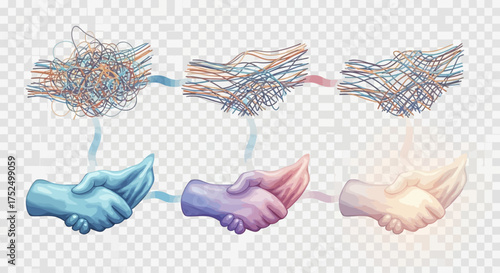 Creative illustration showing transformation from chaos to handshake. Symbol of communication, teamwork, partnership, problem solving, trust, and agreement in business or personal growth concepts