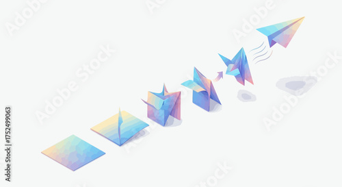 Illustration depicting the step-by-step process of folding a paper airplane, showing each stage.
