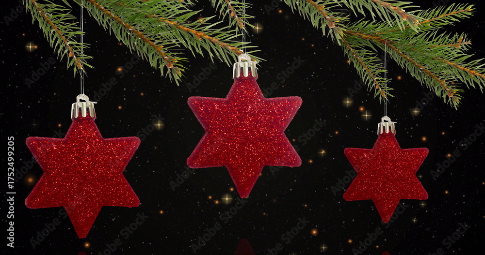 Fototapeta premium Image of yellow stars over christmas decorations