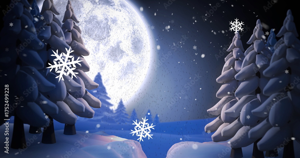 Obraz premium Image of snow falling over full moon in winter scenery background