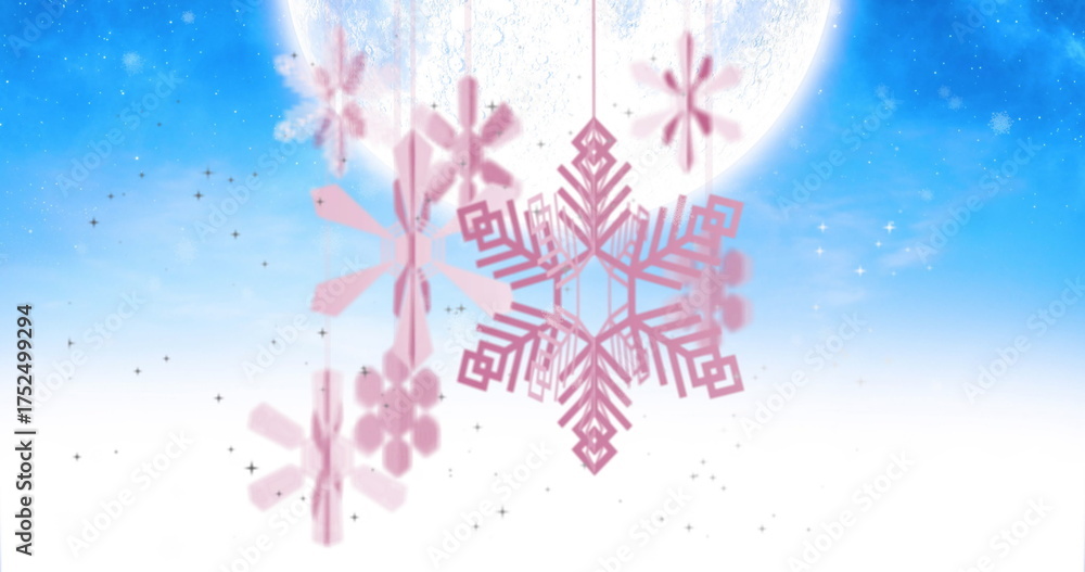 Fototapeta premium Image of snowflakes over moon and snow falling