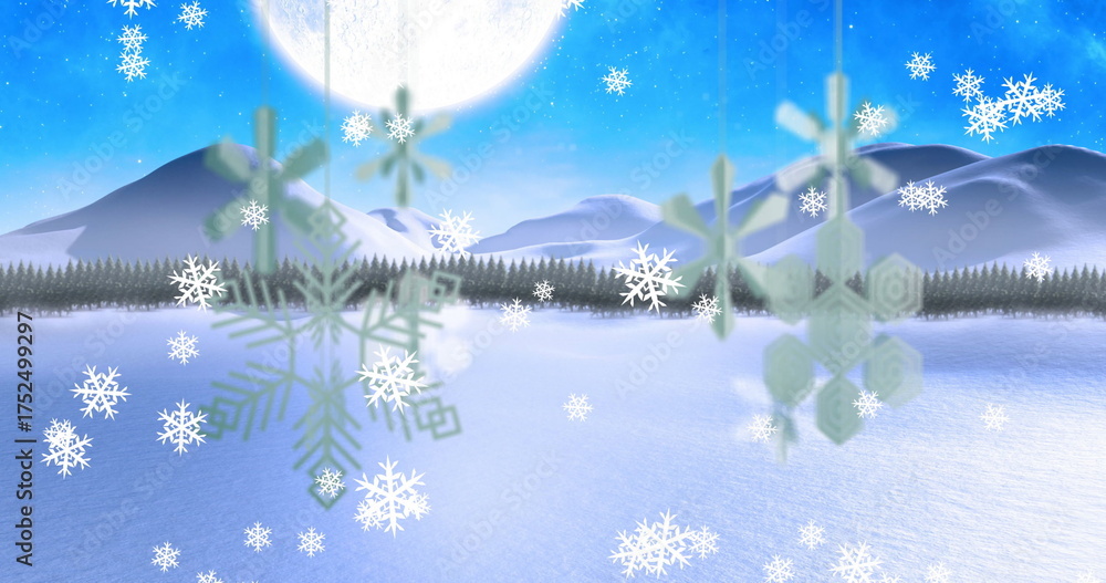 Fototapeta premium Image of snowflakes over moon and snow falling