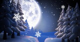 Image of snow falling over full moon in winter scenery background