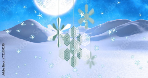 Image of paper snowflakes over snow falling