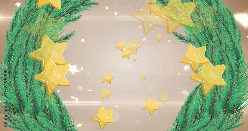 Fototapeta premium Image of stars floating over christmas wreath
