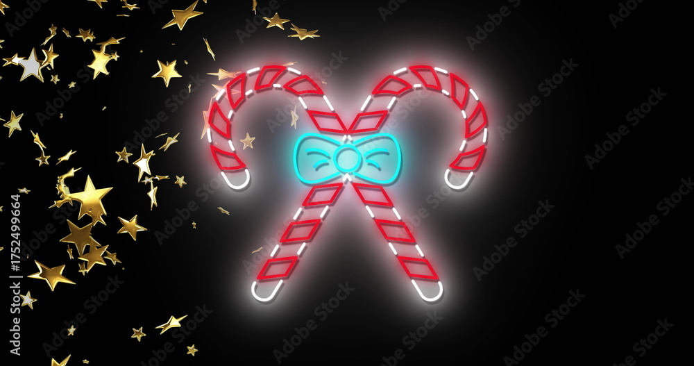 Fototapeta premium Image of stars and neon candy canes on black background