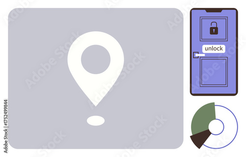 Geolocation pin beside a locked door illustration and pie chart fragment. Ideal for security, access, geolocation, analysis, privacy, navigation, minimalism as simple flat metaphor