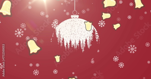 Snowflakes and multiple christmas bell icons christmas bauble decoration hanging on red background