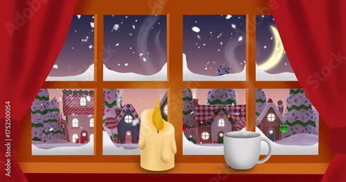 Burning candle and coffee cup over window frame against snow falling over winter landscape