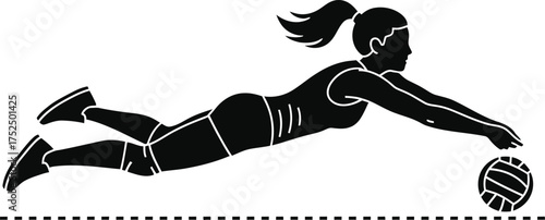 Silhouette of a female volleyball player diving to hit the ball