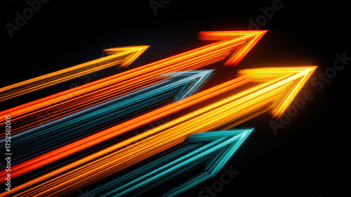 Dynamic arrows in vibrant colors symbolize progress and direction, showcasing mission statement for profit through visual energy and movement