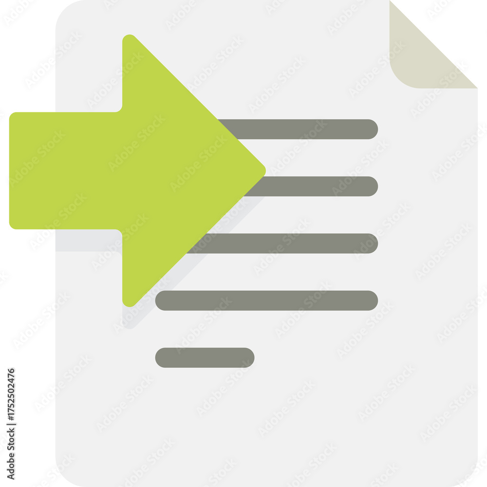Fototapeta premium Green Arrow Symbol Pointing Towards a Document With Lines Representing Text on a Transparent Background