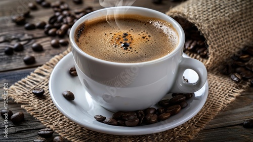 Steaming White Cup of Coffee on Rustic Wooden Table Surrounded by Beans
