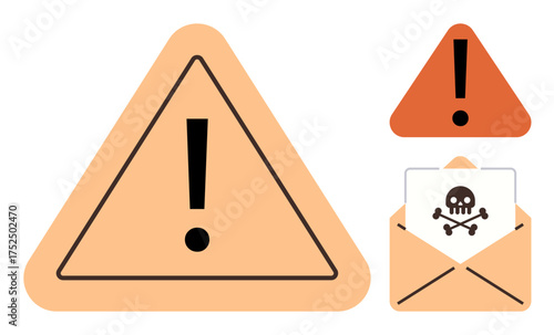 Large triangular warning sign with exclamation mark and an envelope containing a skull and crossbones. Ideal for cybersecurity, malware, phishing, warning, caution, risk, and attention concepts