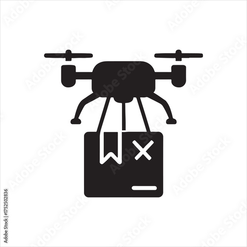 Drone delivery of package with symbol WX in black and white vector illustration depicting modern transportation solutions and innovative logistics for ecommerce and rapid shipping silhouette