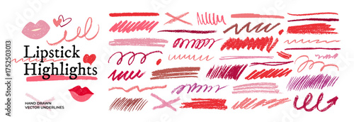 Lipstick highlighter strokes and underlines to emphasize text or beauty design. Red and pink colored pencil or crayon sketchy lines, strokes, smear and strikethroughs. Straight scribble vector set.