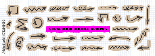 Crayon drawn squiggly arrows scrapbook collection. Hand drawn vector spiral, straight, curved and wavy arrows. Doodle marker drawing with torn paper edges. Sketch pencil texture line scribble icons.
