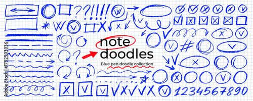 Hand drawn blue highlights, underlines and emphasis crayon elements. Blue pen check marks, ovals and school notebook vector shapes for hand drawn notes. Checkered paper sheet.