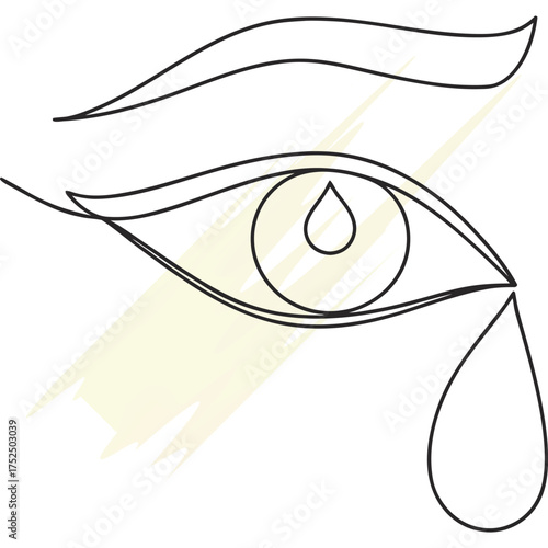 Abstract continuous line drawing a crying eye with pale yellow streaks tear sadness