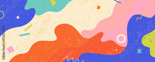 Abstract memphis playground background with chalk or pastel crayon texture. Funky kid banner design background. Creative trendy wallpaper with polka dot pattern, doodles and organic blobs.