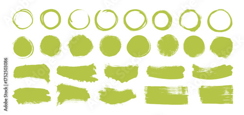 Various organic brush tags, green eco labels and paint stamp for nature-inspired badge or logo design. Perfect for farm food banners or vegan product stickers. Green brush strokes and circle smears.