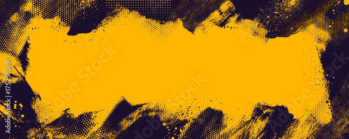 Yellow and black scratchy grunge texture banner background. Dynamic frame with halftones and brush strokes. Sporty punk grunge background. Abstract dynamic texture poster with halftones.