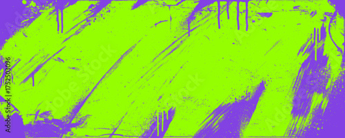 Neon punk graffiti background with purple and acid green brush strokes, drips and spray paint. Graffiti punk style grunge banner with distress texture, ink drips and splashes. Urban street art texture