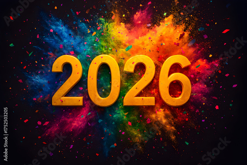 Vibrant Color Explosion Happy New Year 2026 – Multicolor Confetti and Powder Burst Celebration Art