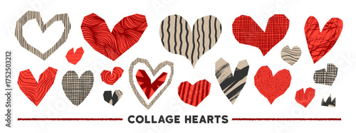 Collage cutout scrapbook hearts collection with crayon drawn scribbles and patterns. Hand drawn romantic design elements for collages. Notebook funky scrapbook heart stickers. Vector love shapes.