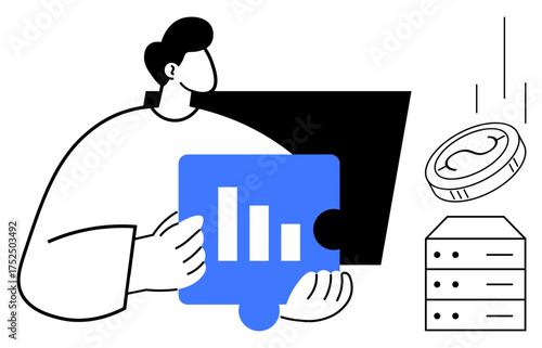 Person holding bar chart puzzle piece near computer, coin, server. Ideal for data analysis, management, finance, strategy, problem-solving technology collaboration. Simple flat metaphor