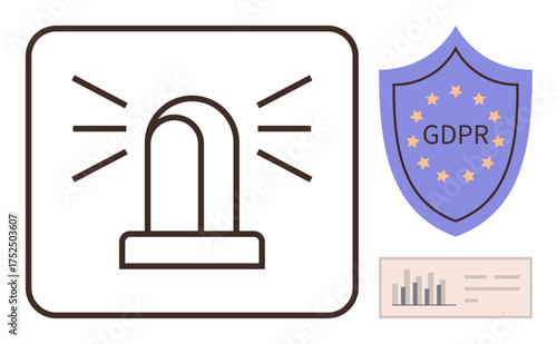 Alert siren with radiating lines, GDPR shield symbolizing data protection, and a data analytics chart. Ideal for privacy policy, cybersecurity, compliance, regulation, risk management, awareness