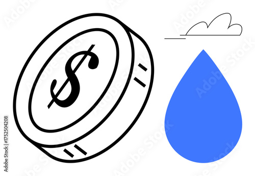 Coin with dollar symbol, blue water droplet, and simple cloud highlight monetary exchange, resources, and environmental factors. Ideal for economy, finance, water conservation, ecology