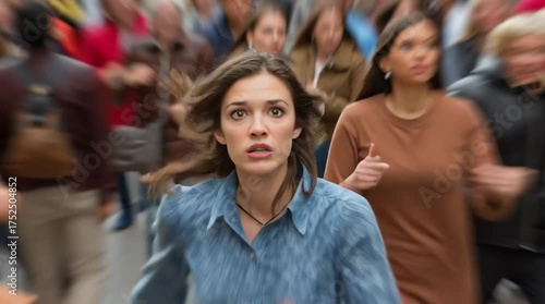 Blonde young woman running away in panic. 