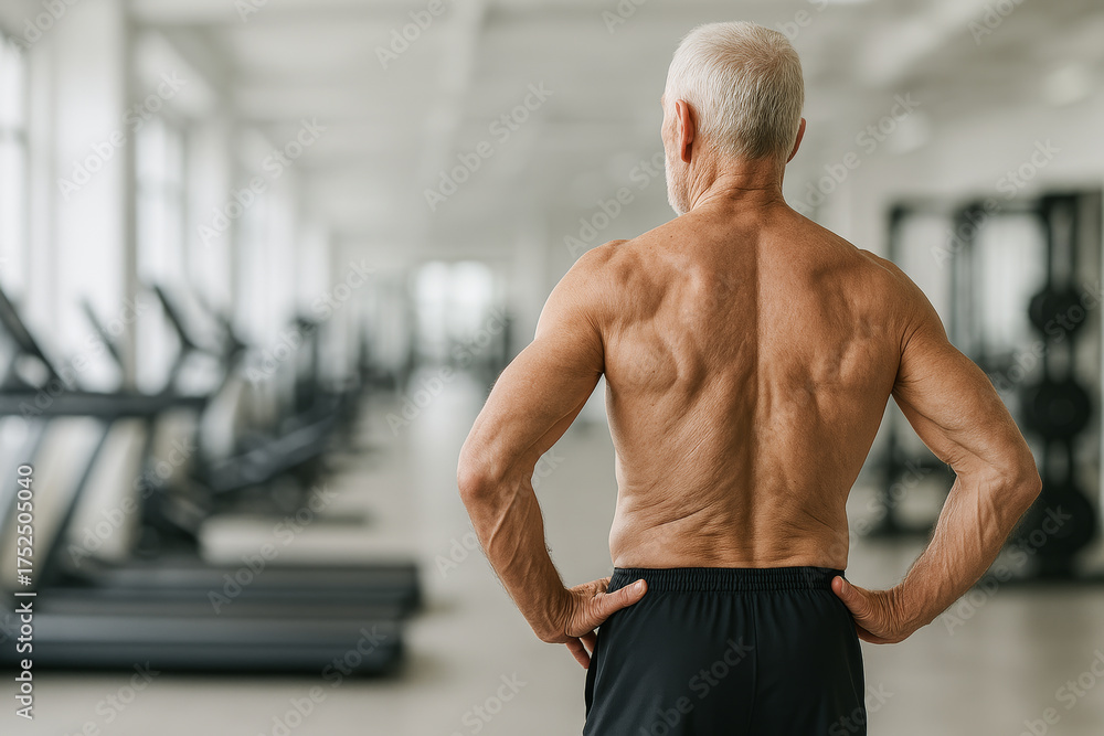 Obraz premium Athletic elderly man in gym staying fit and healthy through active lifestyle and exercise routine, copy space