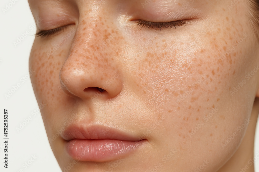 Obraz premium Close-up of a freckled nose on a peaceful face with closed eyes. concept of natural beauty, skin care, tranquility