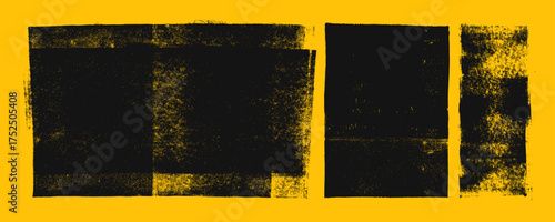 Grunge linocut stamps and xerox textures. Hand drawn vector detailed letterpress shapes on yellow background.