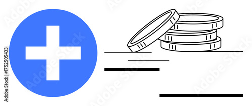 Blue medical cross next to a stack of coins with horizontal lines. Ideal for healthcare, finance, investment, insurance, savings, economic growth, charity. Simple flat metaphor