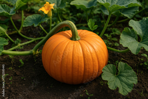 Vibrant pumpkin growing in lush garden under sunlit sky showing stages of natural growth. concept of harvest, organic farming, seasonal gardening