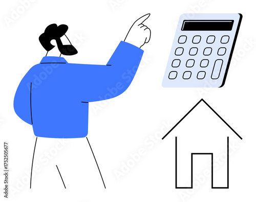 Man gestures toward a calculator and house outline, emphasizing financial decisions, home budgeting, and mortgage planning. Ideal for finance, real estate, saving, investment, insurance housing