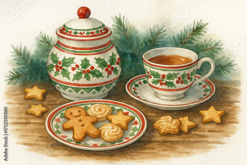 Wallpaper Mural Christmas tea and cookies with gingerbread and star-shaped treats against festive pine decor. concept of holiday warmth, cozy celebration, festive season. Torontodigital.ca