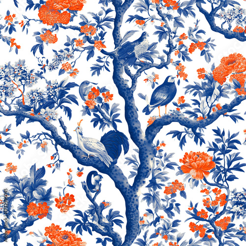 Exquisite Chinoiserie pattern featuring vibrant birds and blooming flora on an antique blue tree branch, perfect for luxury decor